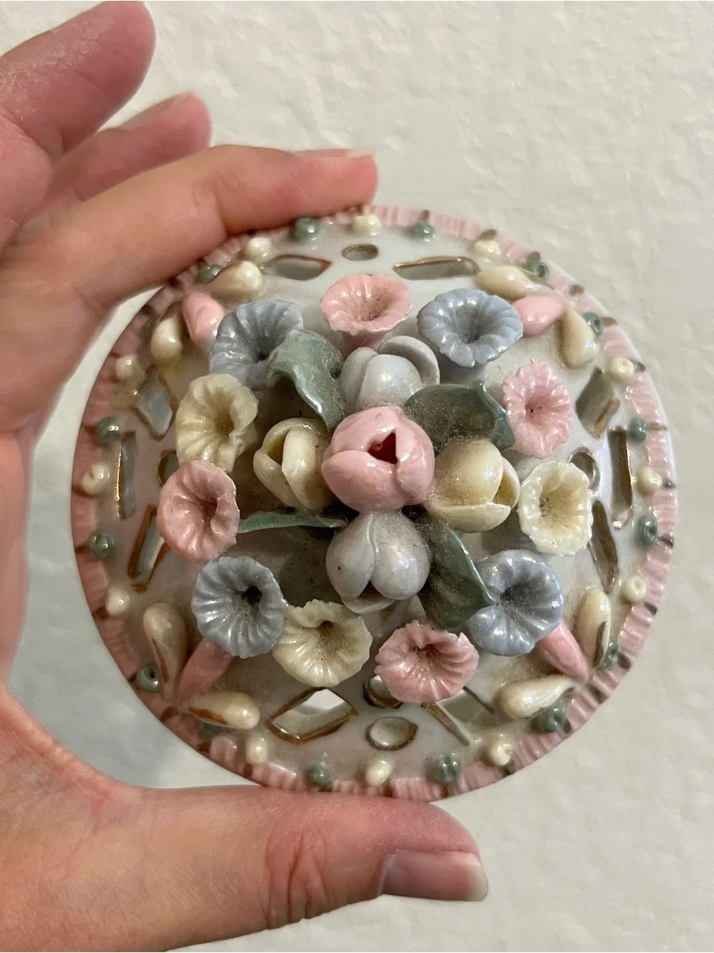 Vintage Porcelain Round Trinket Dresser Box with Applied Flowers Iridescent